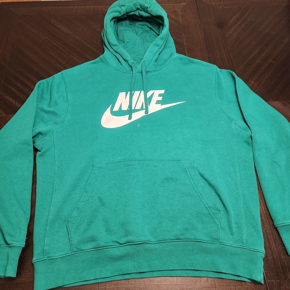 Nike Club Fleece Hoodie Mens Large Green Pullover Sweatshirt Big Logo Spellout